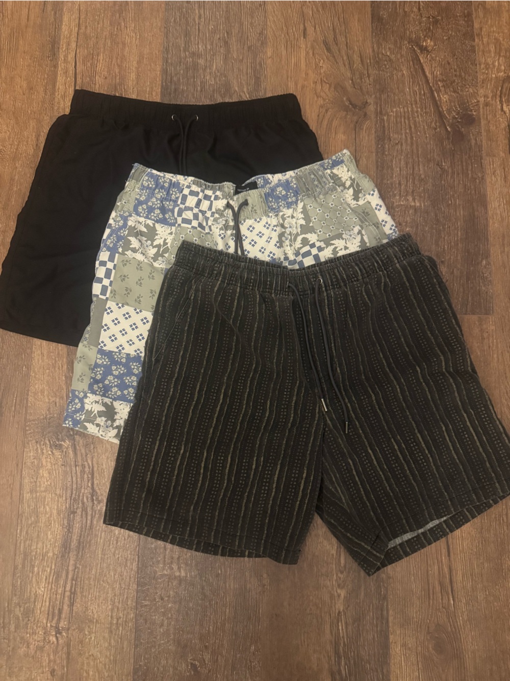 Cotton On mens 3-Pack Shorts — Black, Blue Patchwork & Charcoal Stripe